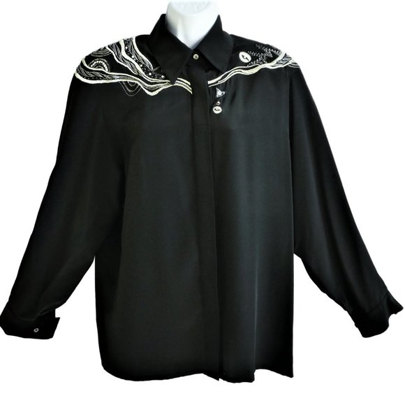SiLK Western Black Blouse Della Roufogali Bling Rhinestone Sequin Embroidery L - Picture 2 of 7